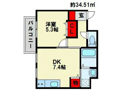 アーバンハイム福本(1DK/3階)の間取り写真