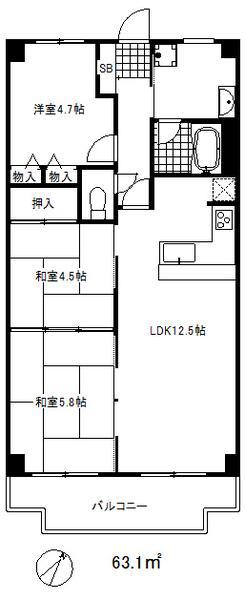 ライオンズマンション鷹取(3LDK/8階)の間取り写真