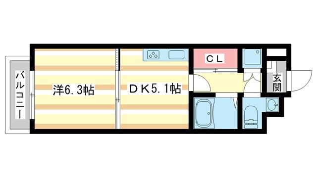 木津南パークサイドヴィレッヂ(1DK/5階)の間取り写真