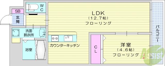 DUO美田園(1LDK/4階)の間取り写真