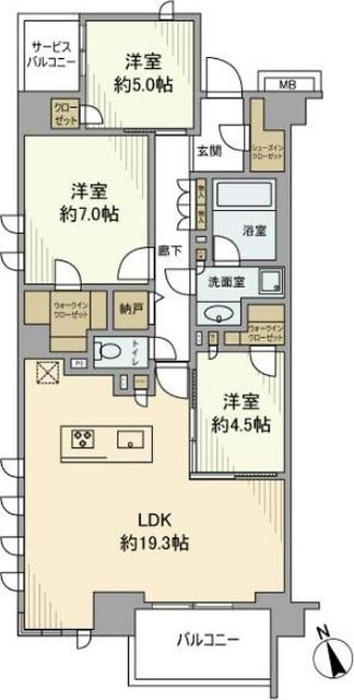 レーベン横浜山手ONEWARDCO(3LDK/7階)の間取り写真