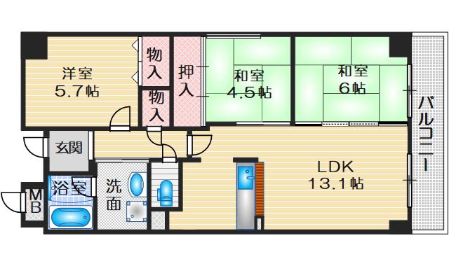 サニーサイド曽根(3LDK/4階)の間取り写真
