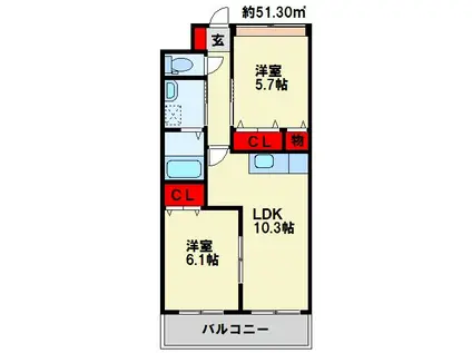グランドシャトーI(2LDK/2階)の間取り写真