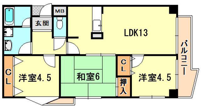 カルム湊川(3LDK/6階)の間取り写真