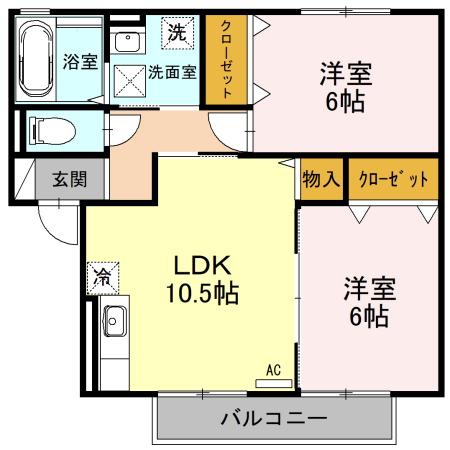 サンビレッジ二の宮 A(2LDK/2階)の間取り写真
