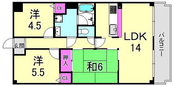 ロイヤルシャトー門戸(3LDK/6階)の間取り写真