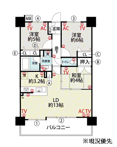 レーベン原田SILVISTA404(3LDK/4階)の間取り写真