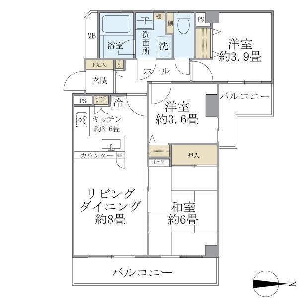 東建ニューハイツ港南中央(3LDK/1階)の間取り写真