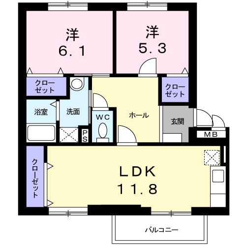 ニューエルディムマナベB(2LDK/2階)の間取り写真