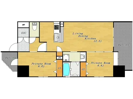 THEGRANDWASHU中広通(2LDK/2階)の間取り写真