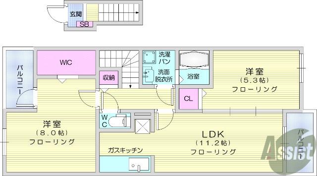 ピースヴィラ袋原南Ⅰ(2LDK/2階)の間取り写真