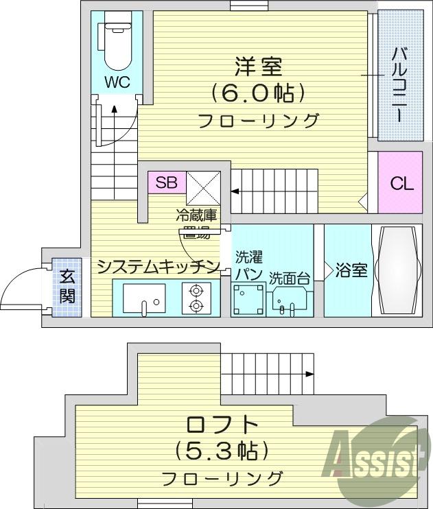 ハーモニーテラス新田Ⅱ(1K/2階)の間取り写真