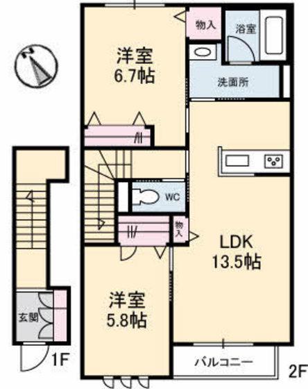 JR宇野線 茶屋町駅 徒歩21分 2階建 築5年(2LDK/2階)の間取り写真