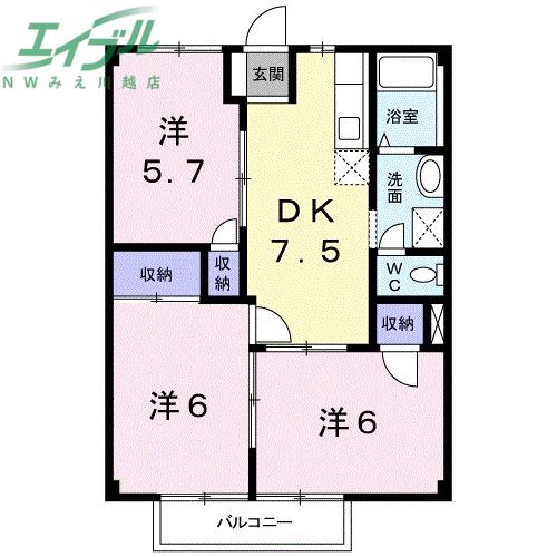 シティハイツさざらいD(3DK/1階)の間取り写真