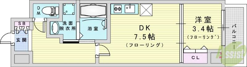 リブネスコート江坂Ⅱ(1DK/5階)の間取り写真