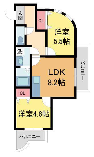 夙川シティーハウス(2DK/2階)の間取り写真