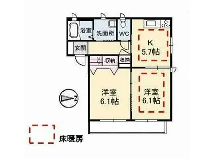 ウインドミルB棟(2K/1階)の間取り写真