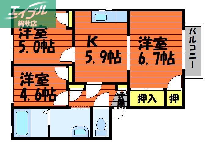 サンライン川入B棟(3K/1階)の間取り写真