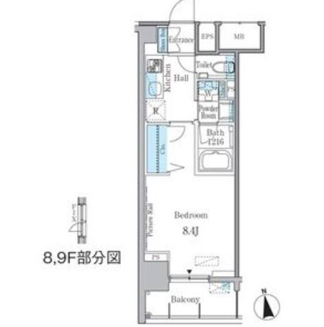 GRAND ESPOIR車道(1K/8階)の間取り写真