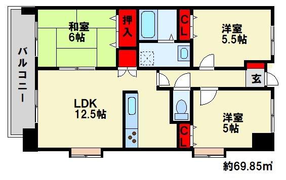 オータムパレス(3LDK/6階)の間取り写真