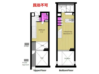吹き抜け仕様 デザイナーズ1LDK カスタリア初台II J(1LDK/B1階)の間取り写真