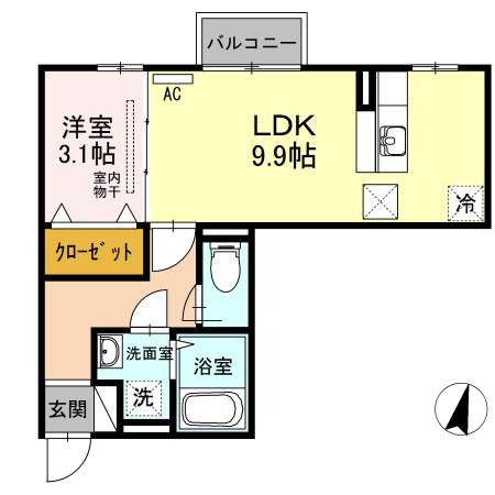 ラ・ランド上新栄(1LDK/2階)の間取り写真