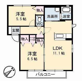 グラスガーデンB棟(2LDK/1階)の間取り写真