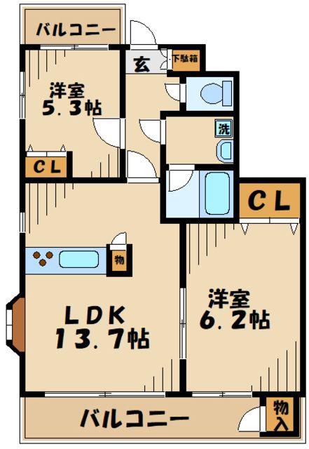フローレンスつきみ野(2LDK/1階)の間取り写真