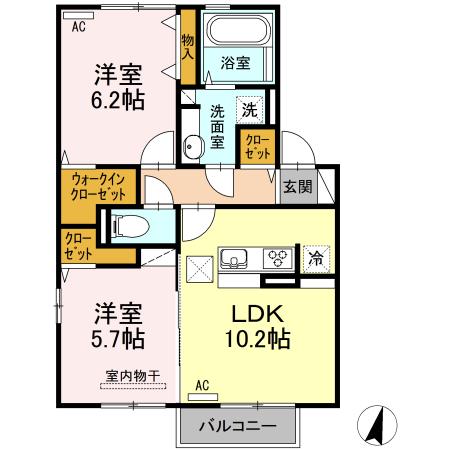 グランドソレイユ八幡 B棟(2LDK/2階)の間取り写真