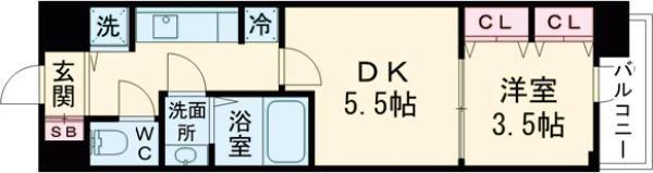 ラヴ神戸三宮(1DK/11階)の間取り写真