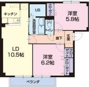 ヴォワール三和 B棟(2LDK/2階)の間取り写真