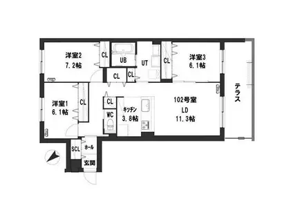 グランメール楓(3LDK/1階)の間取り写真