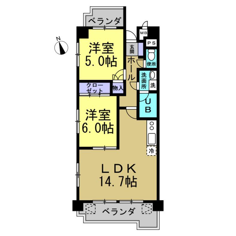 グランドヒルズ東海(2LDK/5階)の間取り写真