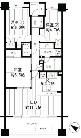 パーク・ホームズ二子多摩川フェアアリーナ(3LDK/4階)の間取り写真