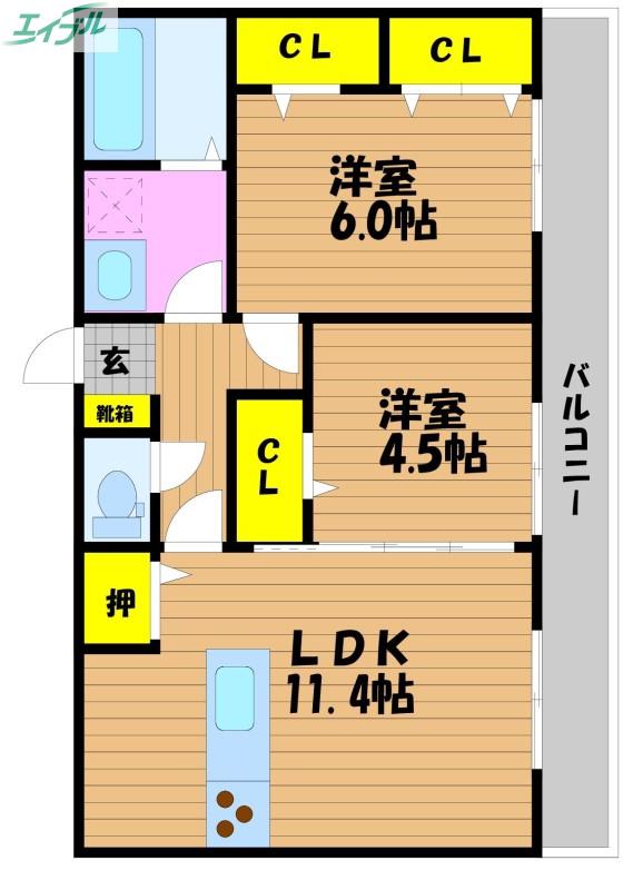 ディア・べルジュII(2LDK/2階)の間取り写真
