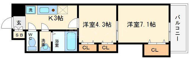 セントラル南船場(2K/13階)の間取り写真