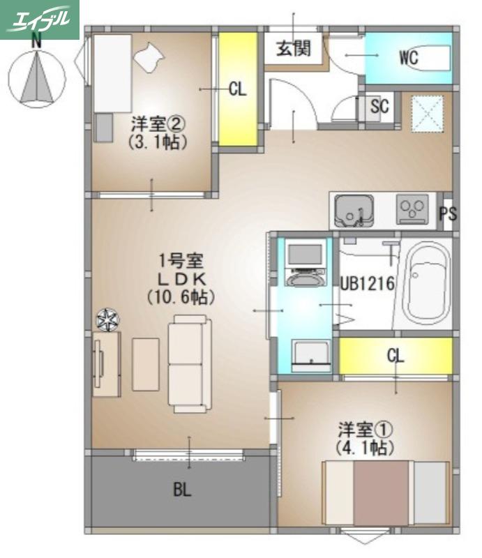 REGALEST 下伊福6(2LDK/1階)の間取り写真
