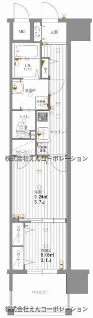 エンクレスト渡辺通II(2K/3階)の間取り写真