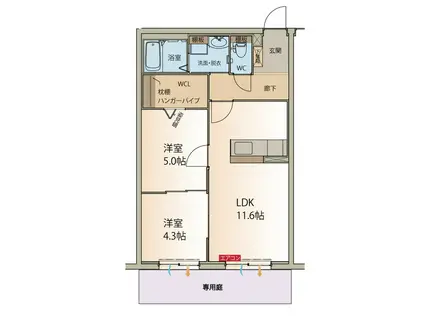 リアンジュ伏見(2LDK/1階)の間取り写真