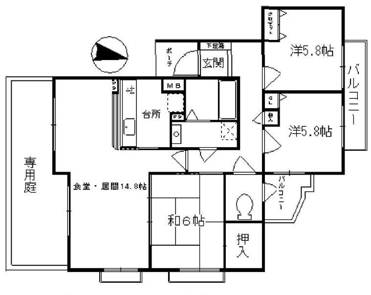 モンセーヌ西神南(3LDK/1階)の間取り写真