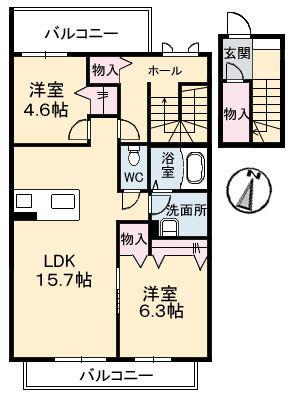 アルファA棟(2LDK/2階)の間取り写真