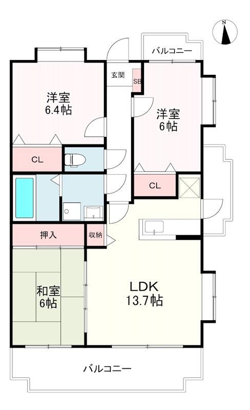 ヴィルヌーブ弐番館(3LDK/3階)の間取り写真
