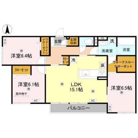D-ROOM橿原市畝傍御陵前PJ B棟(3LDK/1階)の間取り写真
