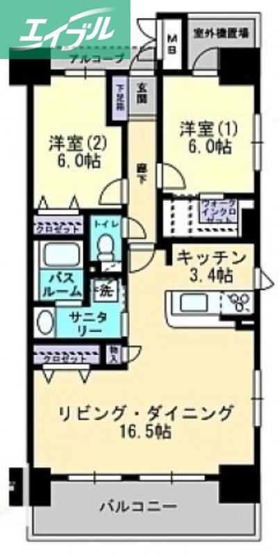 アルファスマート西川緑道公園(2LDK/12階)の間取り写真