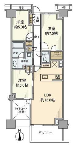 プラウド弦巻(3LDK/7階)の間取り写真