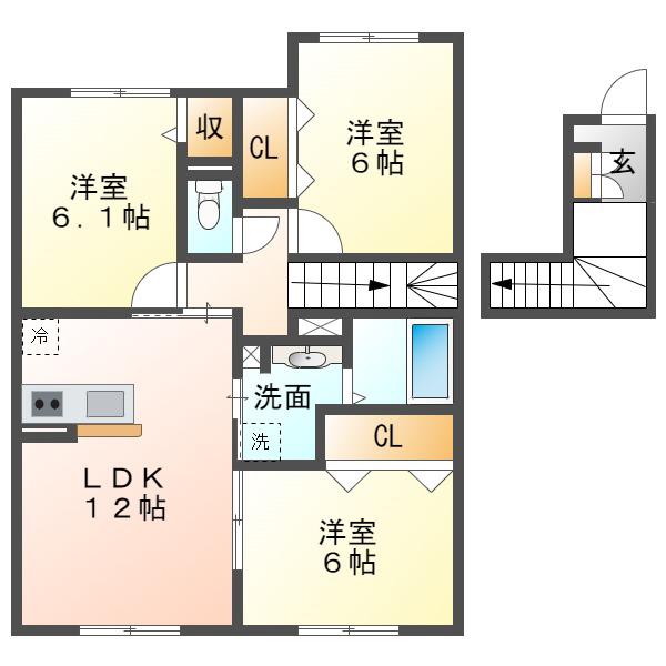 セジュールウィット苫小牧(3LDK/2階)の間取り写真