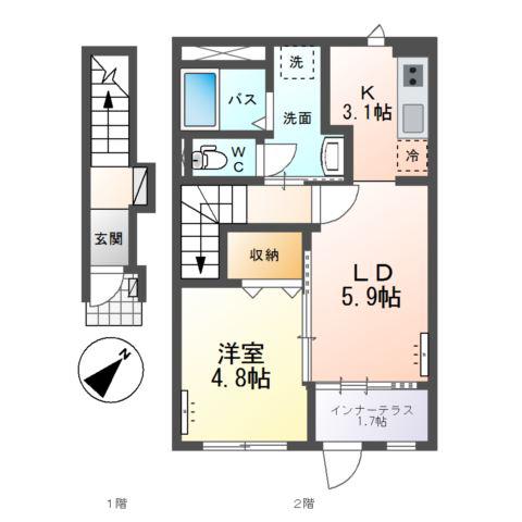 那珂市菅谷字寄居 アパート(1LDK/2階)の間取り写真