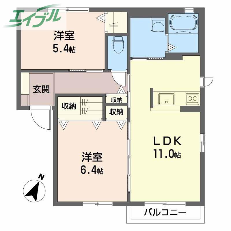 メゾンエルムA棟(2LDK/2階)の間取り写真