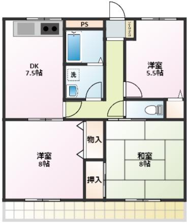 赤石パルハイツ(3DK/1階)の間取り写真
