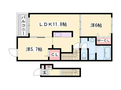 ラ・ポールII(2LDK/2階)の間取り写真